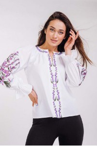 Women's white embroidered shirt with a bouquet on the sleeves, white