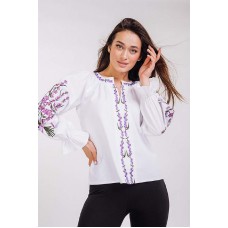 Women's white embroidered shirt with a bouquet on the sleeves, white