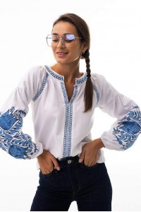 Women's white embroidered shirt with a bouquet on the sleeves, mint color, розмір S