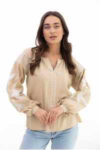 Women's light beige embroidered shirt with swallows