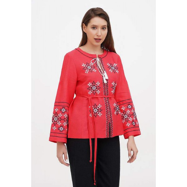 Living room, women's blouse embroidered in red color