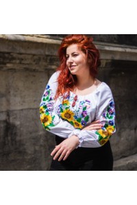 White blouse, embroidered from home-made cloth with a floral ornament, big size Mariana