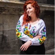 White blouse, embroidered from home-made cloth with a floral ornament, big size Mariana