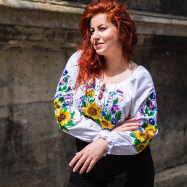 Embroidered shirt made of white fabric with floral ornament, large size Marianna