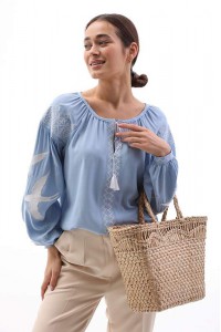 Blue embroidered shirt with swallows. L