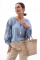 Blue embroidered shirt with swallows. L