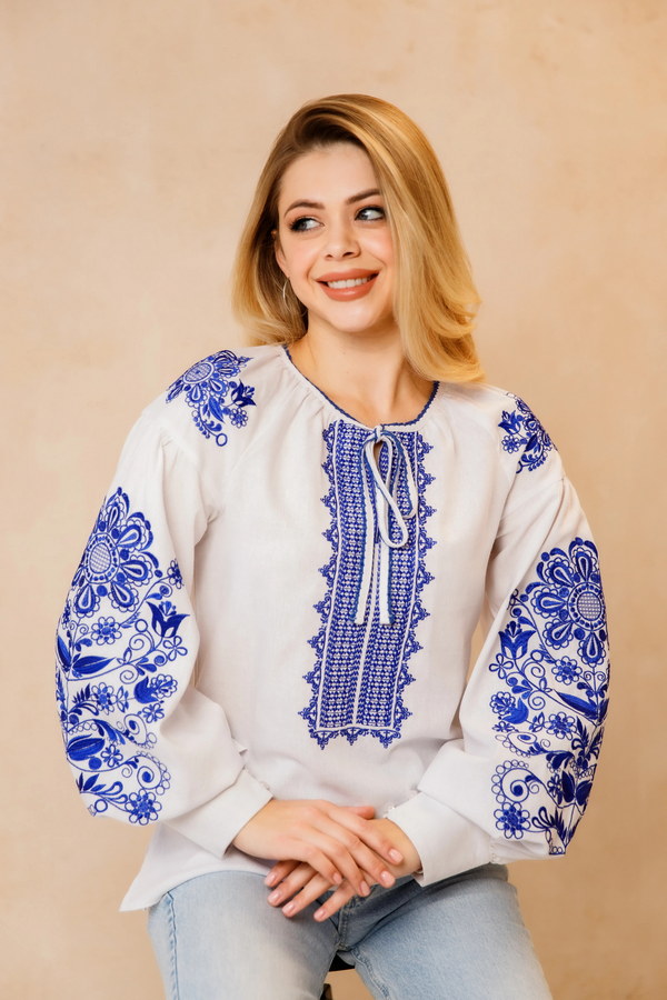 White embroidered shirt with blue embroidery Tsvita