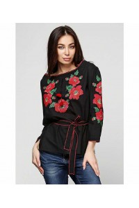 Floral wreath, women's embroidered black blouse