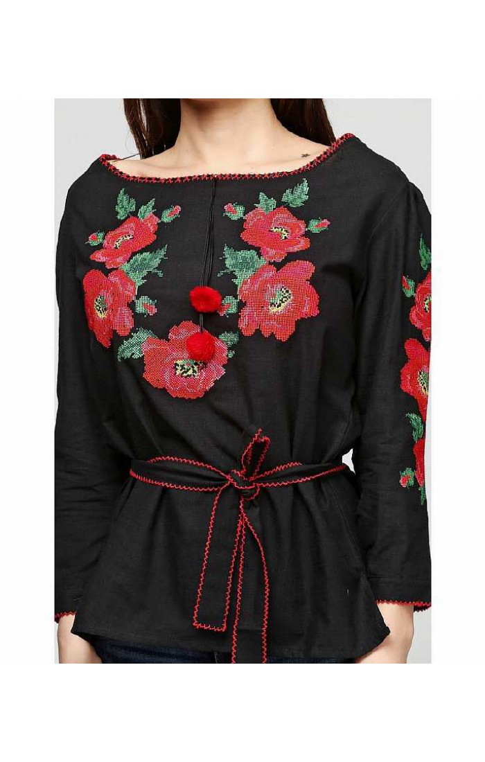 Квітковий вінок, блузка жіноча  вишиванка чорна