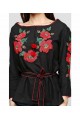 Floral wreath, women's embroidered black blouse