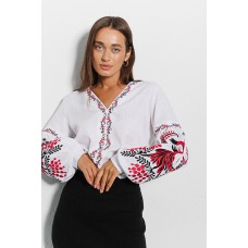 Women's red embroidered shirt with original embroidery on the sleeves, Vohneslava.