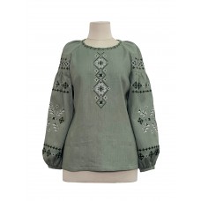 Women's embroidered shirt in khaki color, Marichka. Blouse made of linen with embroidered raglan sleeves. The neckline and front are decorated with embroidered ornaments. Without fastening. Side seams have slits. 100% linen.