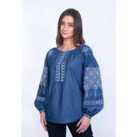 Arsena, women's blue embroidered shirt with embroidery on the sleeves