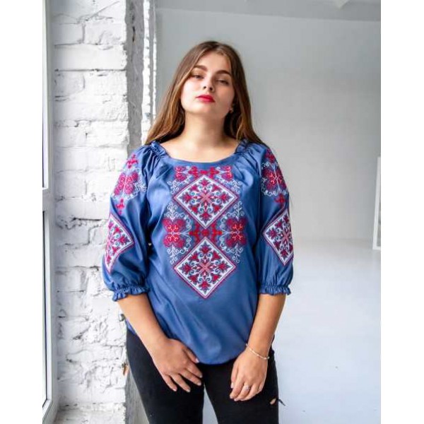 Blue women's embroidered shirt, red embroidery Hoverla