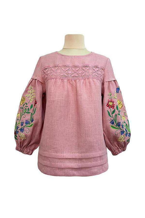 Yustyna women's embroidered shirt made of pink linen 