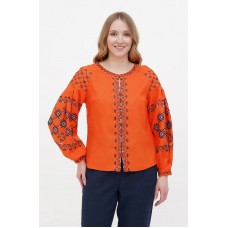 Бистриця, блуза помаранчева вишиванка жіноча з льону, чорною вишивка