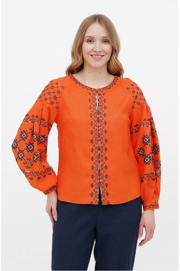 Bystrytsia women's orange embroidered linen blouse black embroidery