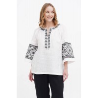 Anna white embroidered linen blouse for women, black embroidery
