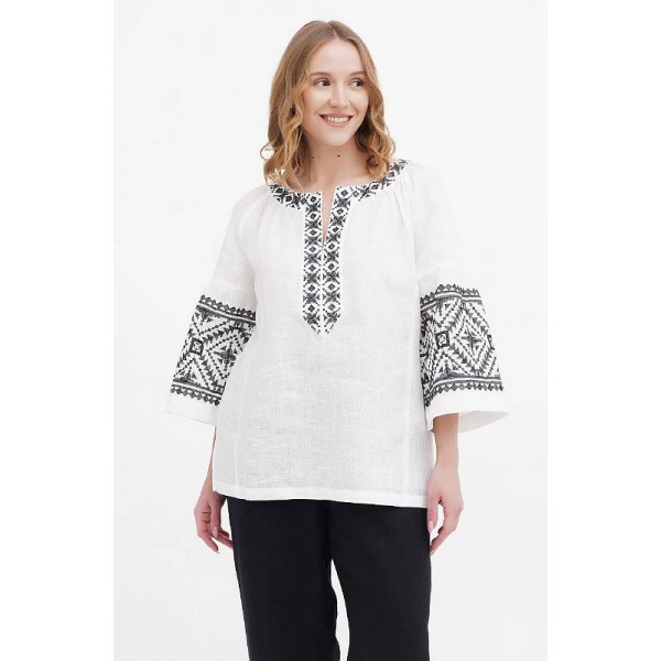 Anna white embroidered linen blouse for women, black embroidery