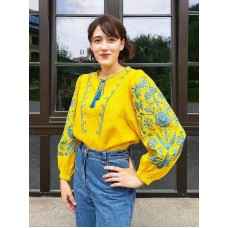Орися святкова, блузка жіноча  вишиванка з жовтого льону та синьою вишивкою