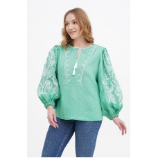Orysia festive blouse, turquoise women's linen embroidered blouse, white embroidery