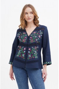 Віолетта, блузка синя жіноча вишиванка з льону, з вишивкою