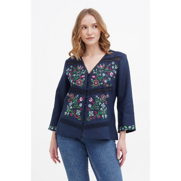 Віолетта, блузка синя жіноча вишиванка з льону, з вишивкою Віолетта, блузка синя жіноча вишиванка з льону, з вишивкою