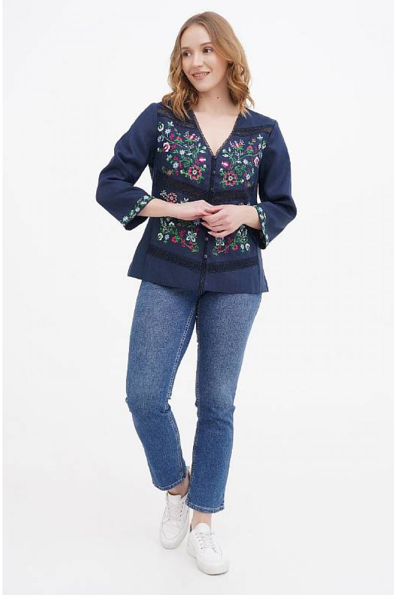 Віолетта, блузка синя жіноча вишиванка з льону, з вишивкою Віолетта, блузка синя жіноча вишиванка з льону, з вишивкою