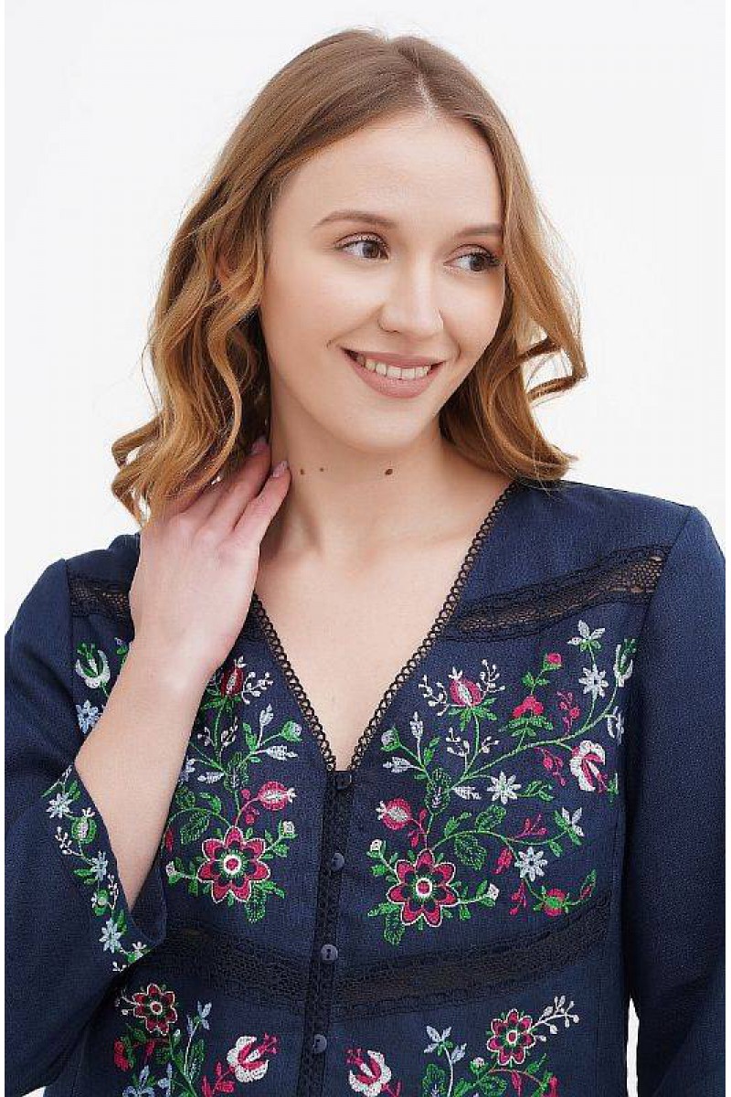 Віолетта, блузка синя жіноча вишиванка з льону, з вишивкою Віолетта, блузка синя жіноча вишиванка з льону, з вишивкою