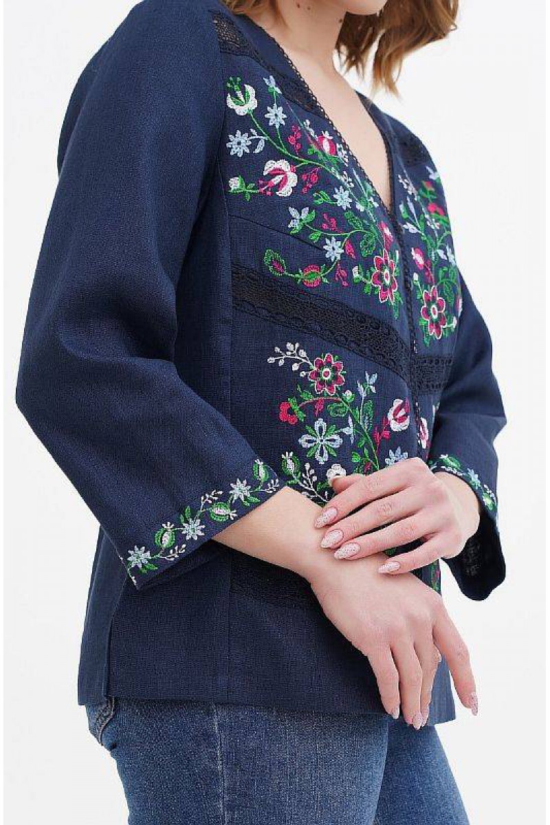 Віолетта, блузка синя жіноча вишиванка з льону, з вишивкою Віолетта, блузка синя жіноча вишиванка з льону, з вишивкою