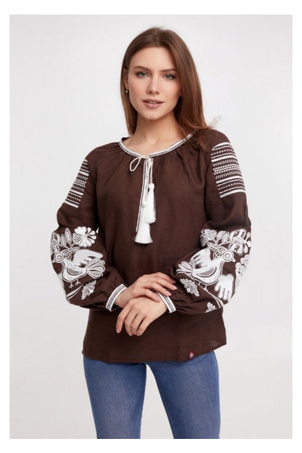 Nizhana, a women's embroidered shirt of a brown color with white embroidery, L