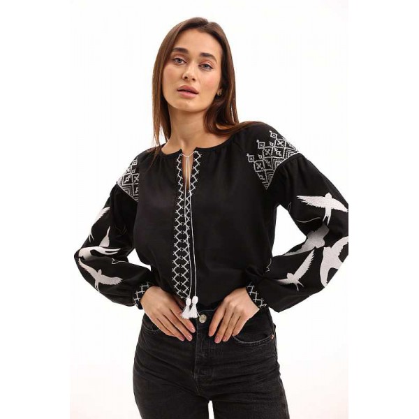 Women's black embroidered shirt with swallows