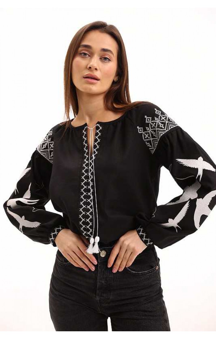 Women's black embroidered shirt with swallows