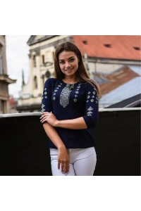Blue women's 3/4 sleeve shirt with Ornament embroidery.