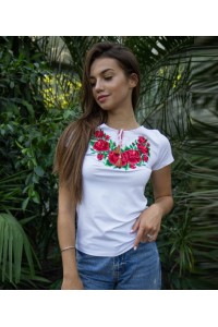 Women's embroidered white t-shirt with Gloria flower embroidery.