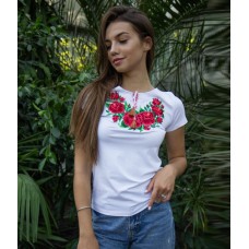 Women's embroidered white t-shirt with Gloria flower embroidery.