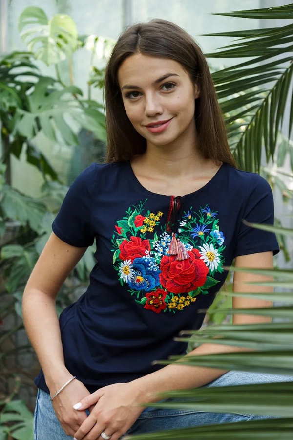 Синя жіноча вишита футболка вишиванка Марсель, розмір XXL