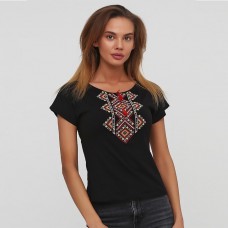 Жіноча вишита футболка Ромбіна, чорна тканина, геометрична вишивка