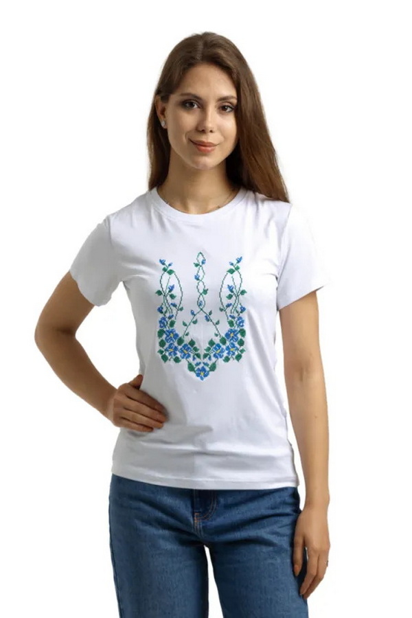 Patriotic black embroidered T-shirt with a trident flower, XL