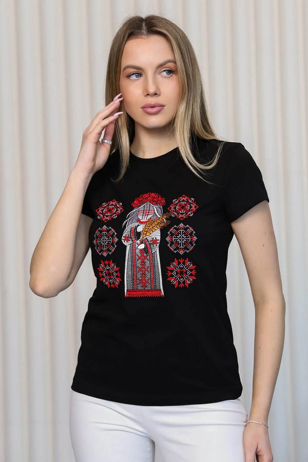 Women's T-shirt with wheat ears Motanka, black, size XXL