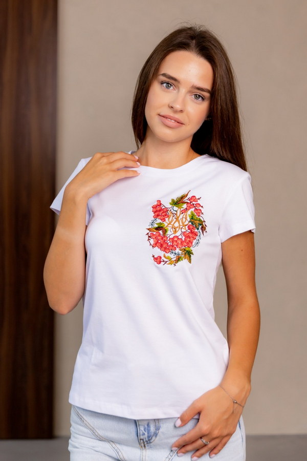 White women's t-shirt with embroidery "Glorious Ukraine"