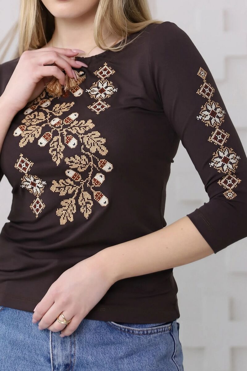 Футболка шоколадна з коричневою вишивкою Сила тиші, 2XL