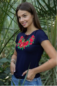 Embroidered women's T-shirt Gloria (blue with red)