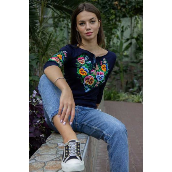 Women's T-shirt with dark-blue embroidery, Aniutka