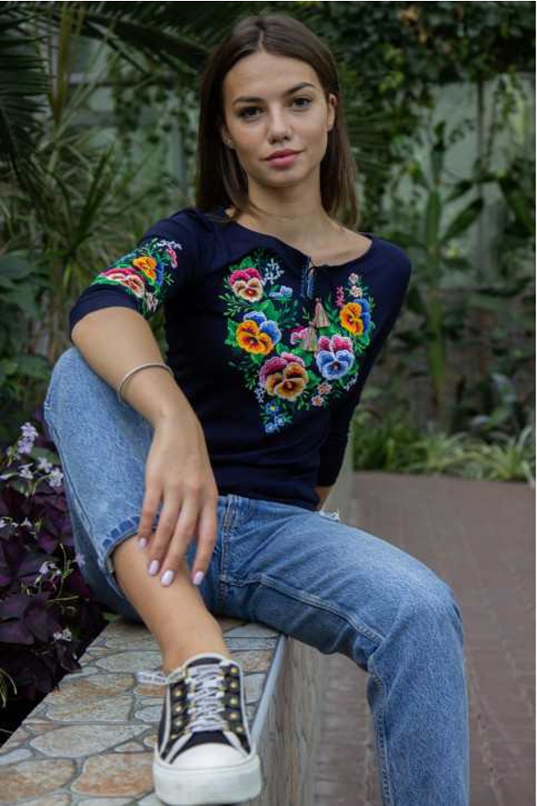 Women's T-shirt with dark-blue embroidery, Aniutka, XXXL