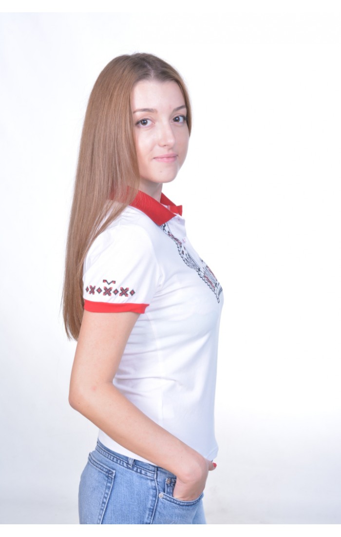 Поло с вышивкой Украина бело-красная женская