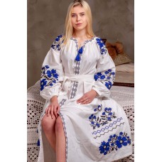Парижский букет, платье белое с синей вышивкой