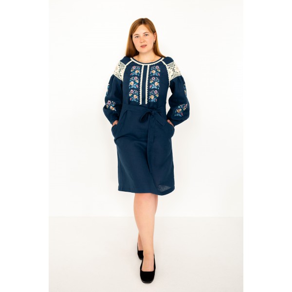 Dress linen long blue embroidered shirt Nastusya