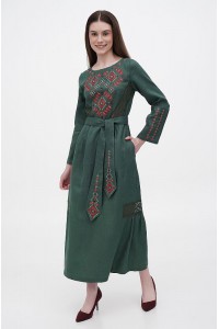 Roksana's long green linen embroidered dress