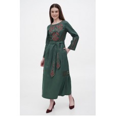 Льняное длинное зеленое платье-вышиванка Роксана